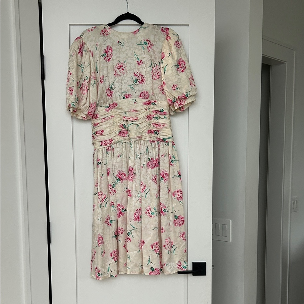 Maggie London Vintage- Floral Midi Dress with Pink Roses